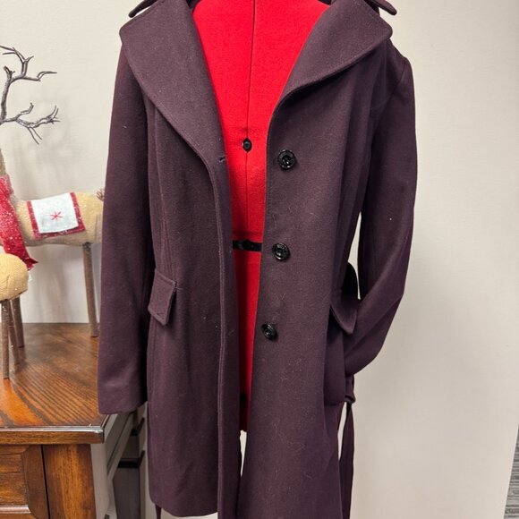 London Fog Wool Coat Burgandy with hood, belt and pockets for women size L - Picture 3 of 15